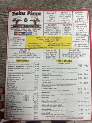 Page one of the menu