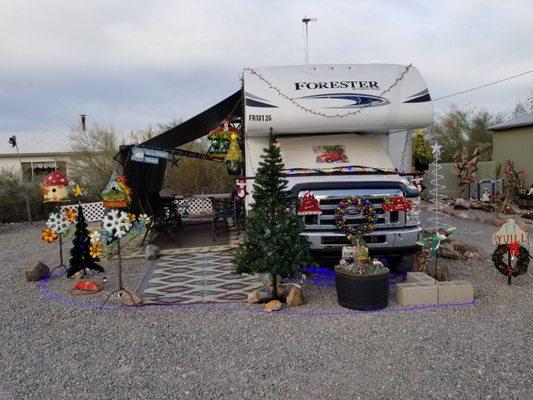 Our motorhome decorated for the Christmas season.