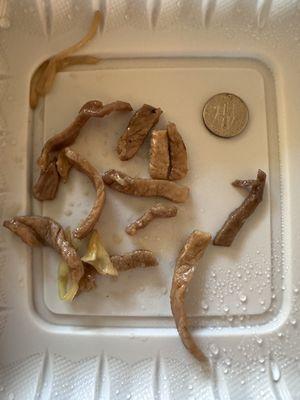 Not the grand total of pork in the pork lo mein, but these were representative of the size. Dime for scale.