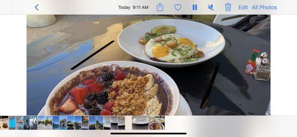 Breakfast bowl and huevos rancheros.