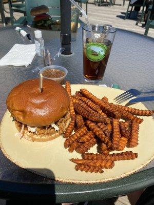 Pulled Pork Sandwich and Sweet Potato Fries - Get the Honey Mustard Sauce that's Behind the Sandwich