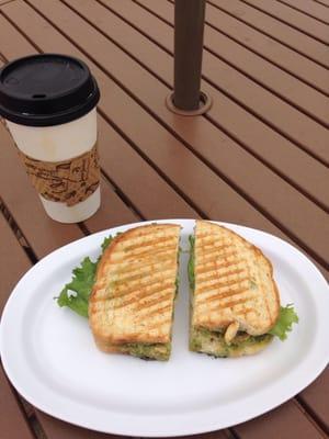 The Donnie. Chicken pesto on sourdough- very good!!! Pannikin coffee used in the mocha. 5/17- they no longer make this sandwich.