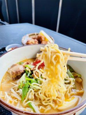 Spicy Roasted Garlic Miso Ramen, Fried Chicken Nuggets