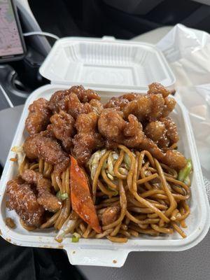 Sesame chicken and Orange chicken with chicken chow mein