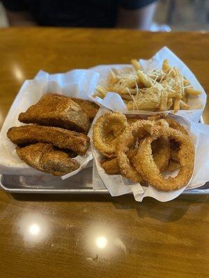 Onion Rings, crispy ribs, Garlic Parmesan Fries