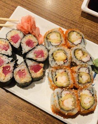 Sushi: Spicy Tuna Roll (LEFT), shrimp tempura roll (RIGHT)