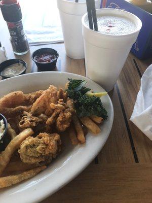 Frozen margarita and seafood platter (oysters and shrimp)