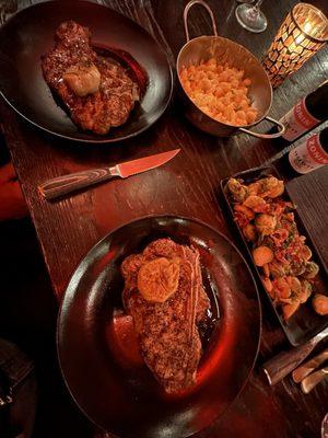 NY Strip with Brussel sprouts and rib-eye with Mac n cheese