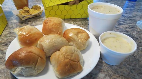 Yeast rolls, mashed potatoes and gravy