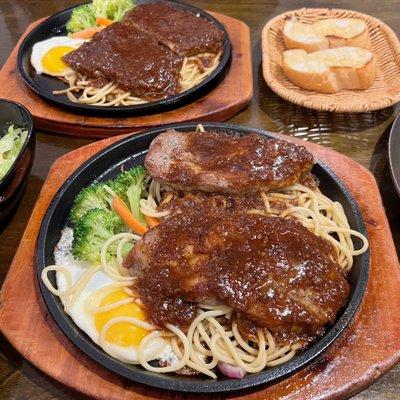 Black Pepper Pork Chop & Black Pepper Sirloin Steak (both come w/ salad & baked bread)