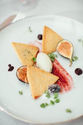 Lemon thyme shortbread with fresh blackberries, yuzu sorbet, and fig puree