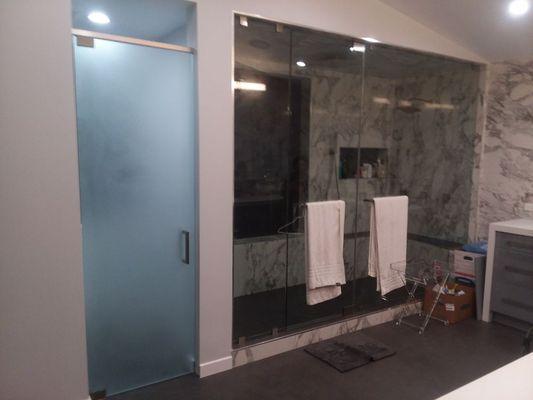 Encino, CA.,Custom 1/2" etched glass door  And a steam shower enclosure  3 pieced  99" tall×140"wide