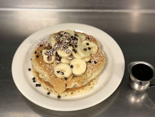 Short Stack w/ banana's pecans and chocolate chips. Delicious!!! One of the many variations of pancakes we offer!