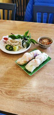 Shrimp only spring rolls with peanut sauce for dipping