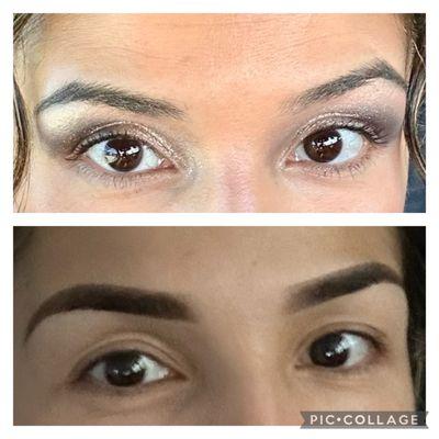 Top photo is my brows beforehand, penciled in with makeup.  Bottom is 3 days post procedure ombré brows, no makeup on.