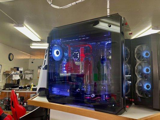 A water cooled gaming computer.