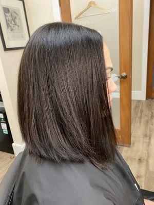 Chocolate glaze for shine and major chop for a beautiful  sleek lob