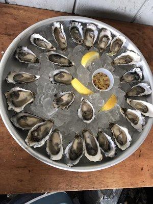 Two dozen Beautiful raw Oysters on the half shell with mignonette sauce and lemons