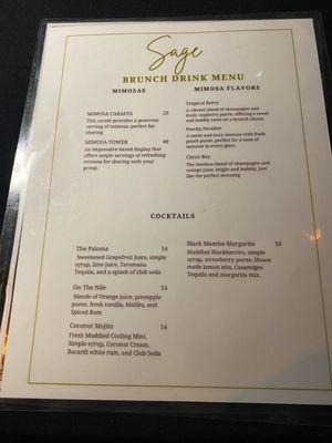 Brunch drinks menu