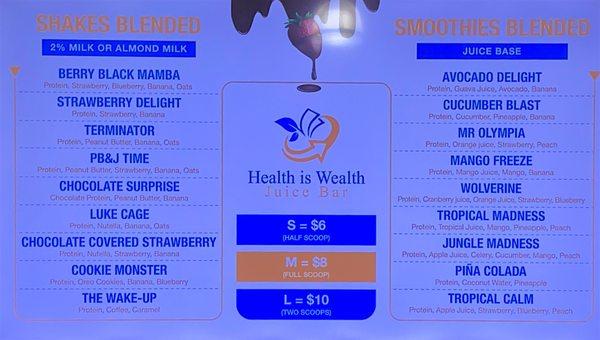 Shake and smoothie menu