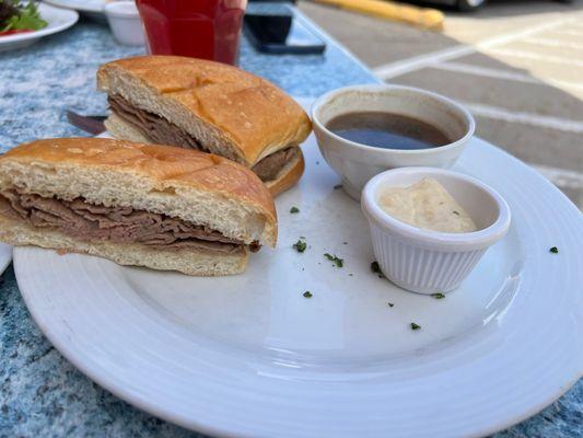 French Dip with au jus and horseradish. Perfect serving size!