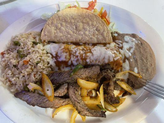 Fajita Mix $15.99 and comes with a tostada con queso and guacamole salad as well as what is seen here.