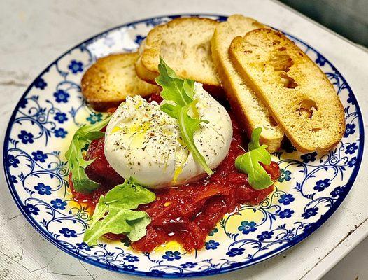 Locally made burrata, house made tomato jam