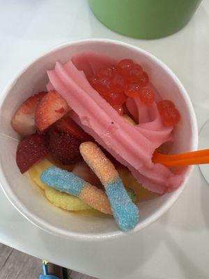 Watermelon, pineapple with boba, strawberries and gummy worms!