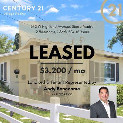 Congratulations to Andy Bencosme! 
Andy has just secured the lease for 372 W Highland Avenue, Sierra Madre.