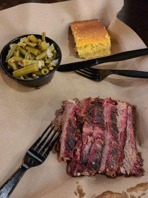 Brisket, greens beans, corn bread