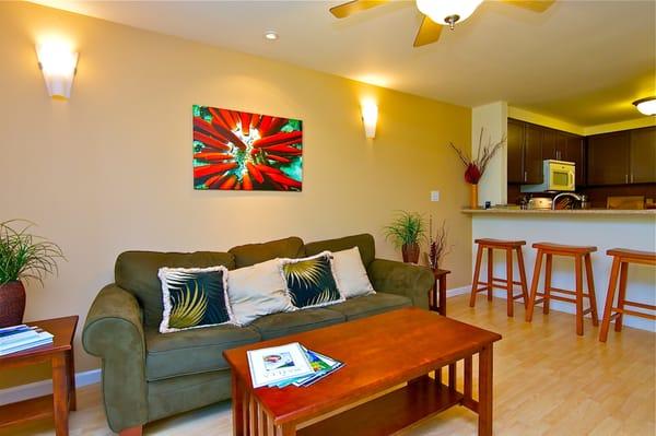 The spacious living Room leads in to the custom granite bar.