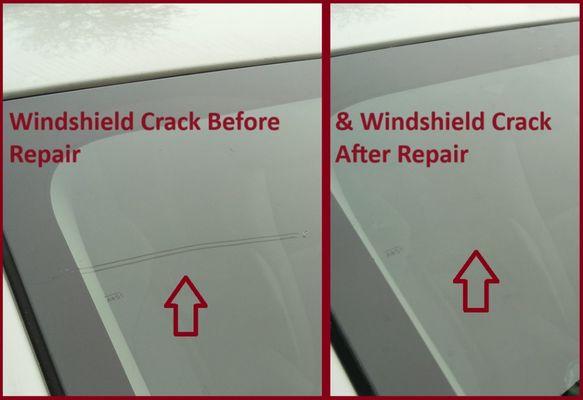 Windshield crack repair before and after photo