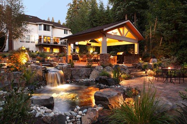 Beautiful water feature and covered patio.