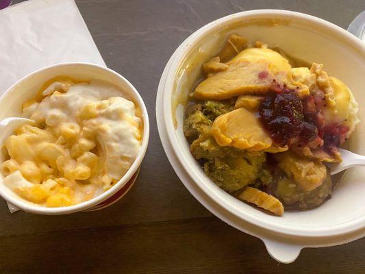 Garlic Aioli Mac & Cheese and Create Your Own (1/2 stuffing, 1/2 mashed potato, hot turkey, & cranberry sauce)