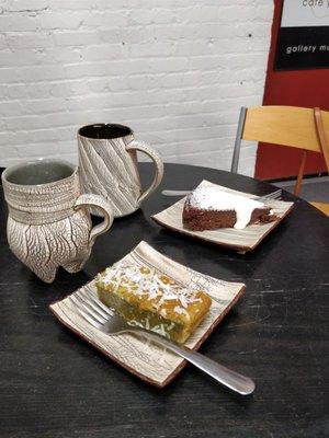 Matcha mochi cake and chocolate torte