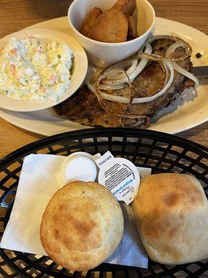 Liver & Onions, coleslaw, fried yellow squash, cornbread and roll.