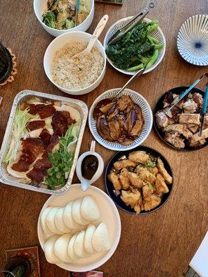 Peking duck, deep fried fish with spicy salt, eggplant, crab fried rice, Chinese broccoli, house special chow mien.