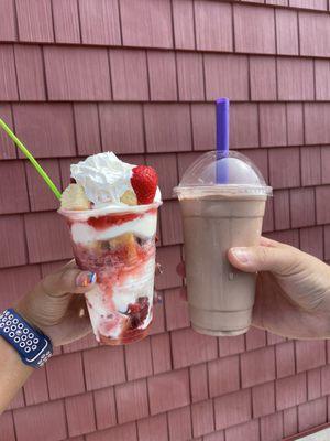 Strawberry shortcake sundae and chocolate shake