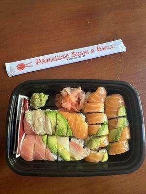 Rainbow Roll on left and Salmon Lovers Roll on right Delicious ! Fresh!