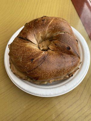 Cinnamon and raisin bagel with peanut butter