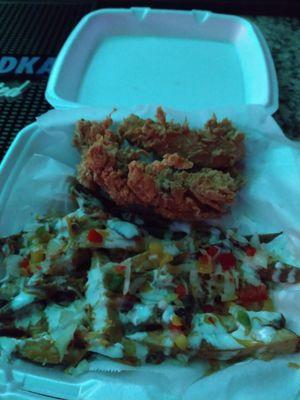 Amazing chicken strips and loaded fries, very delicious