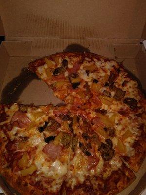 Weird combo: sausage, mushroom, ham and pineapple