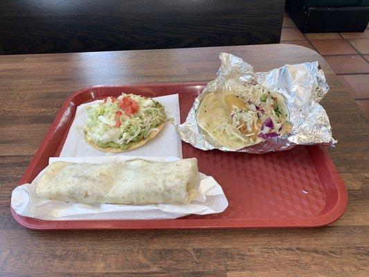 Fish taco, guacamole tostada, combo burrito