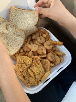 Shrimp and French fries, added a piece of catfish