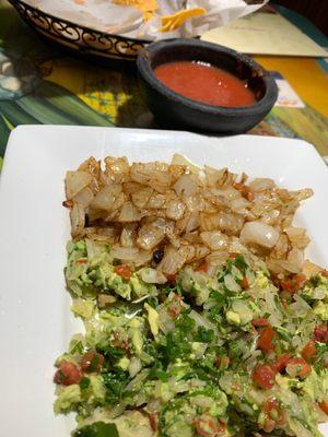 Guacamole dip, grilled onion, cilantro, etc.