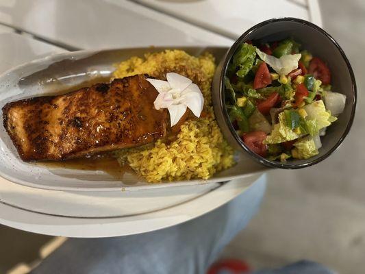 Pan Seared Honey BBQ Salmon w/ yellow rice & Salad