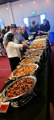 Lumpiang Shanghai, sweet and sour Tilapia, Beef Stew, pork adobo,pancit canton bihon, chopsuey w/tofu fried chicken and Mango Salad