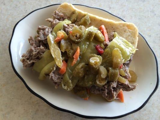 Chicago style Italian beef with sweet peppers and hot giardinara