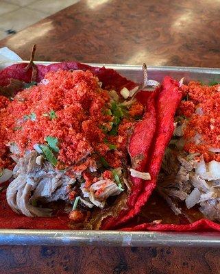 Hot Cheeto pork tacos