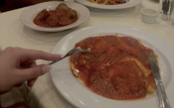 Cheese ravioli and meatballs